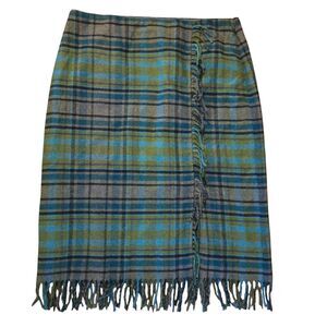 J. Jill Plaid Fringe Midi Skirt - Green and Blue